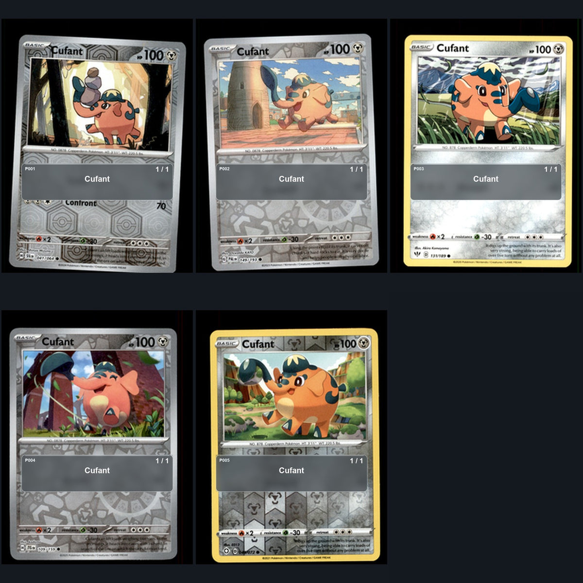 Pokemon TCG Cufant Species Collection 5 Different Cards