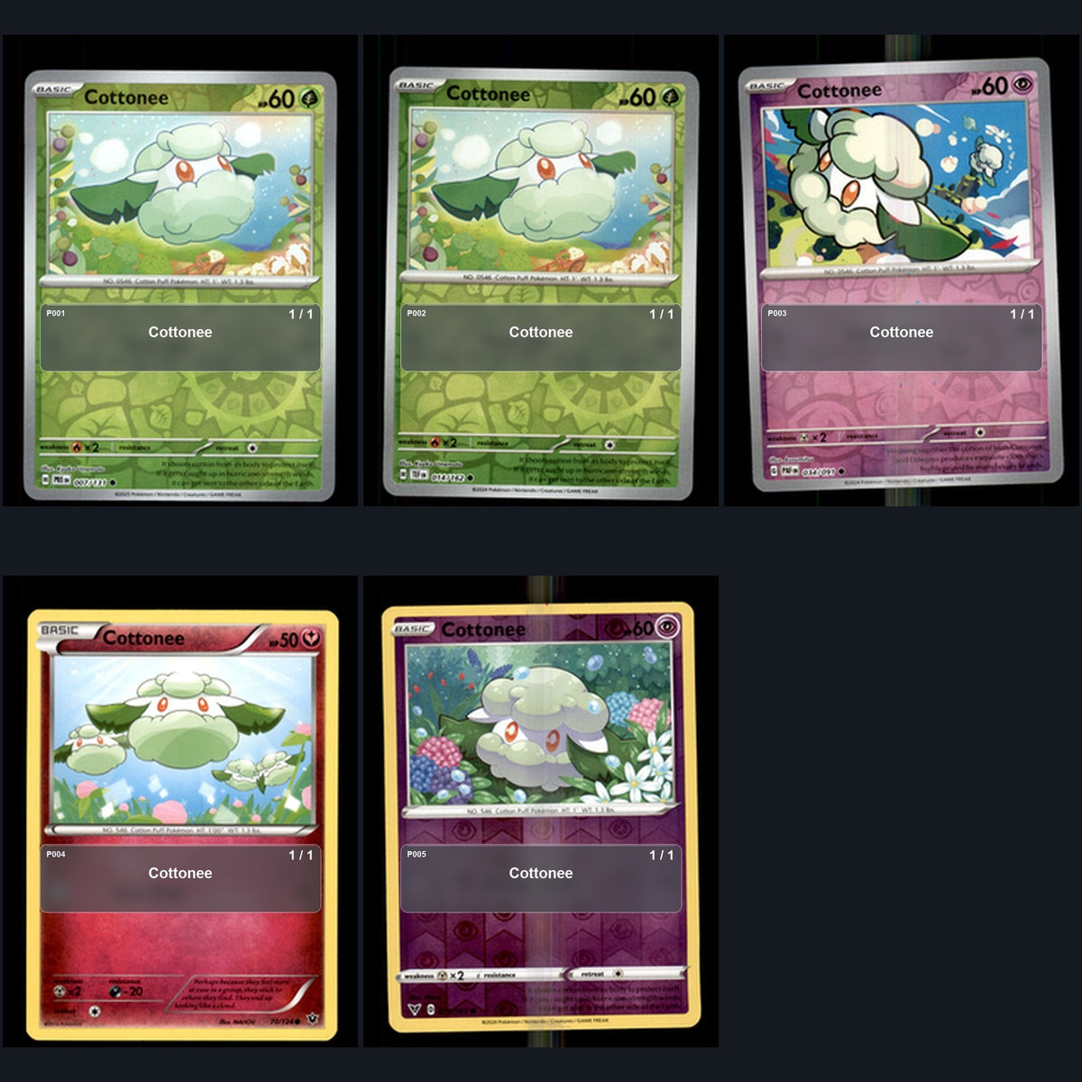 Pokemon TCG Cottonee Species Collection 5 Different Cards