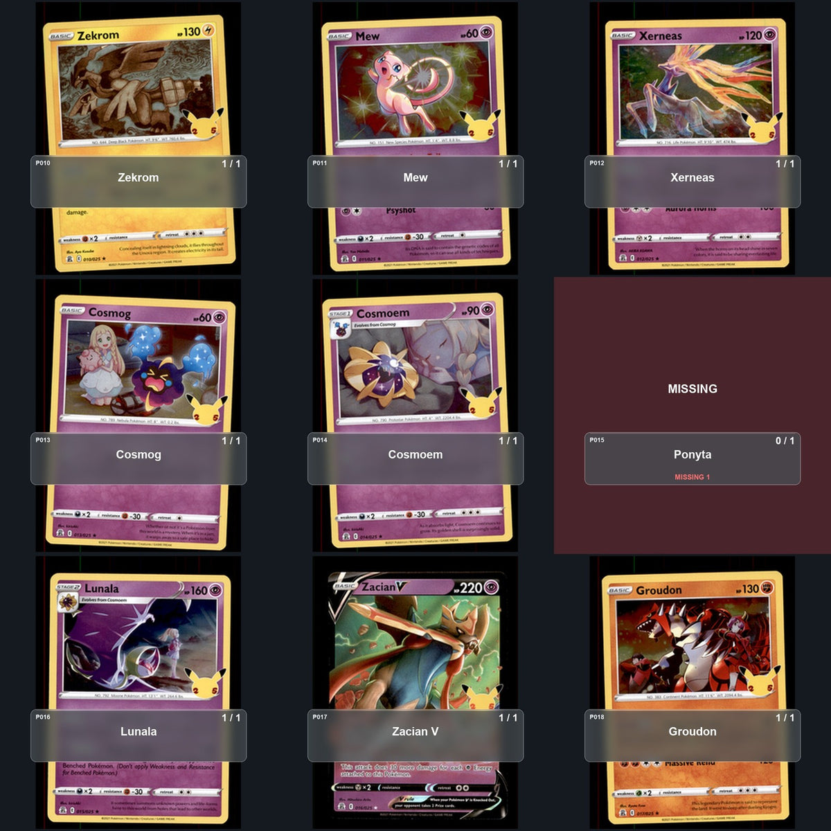 Pokemon TCG Celebrations Partial Master Set Lot 18 Cards Master Set Collection