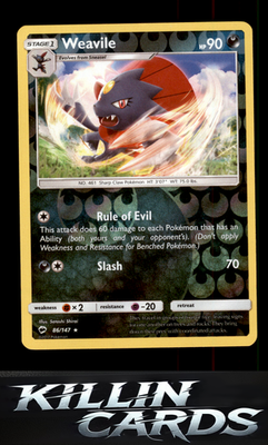 Reverse Holofoil Weavile 86/147 Pokemon Rare SM - Burning Shadows Card NM