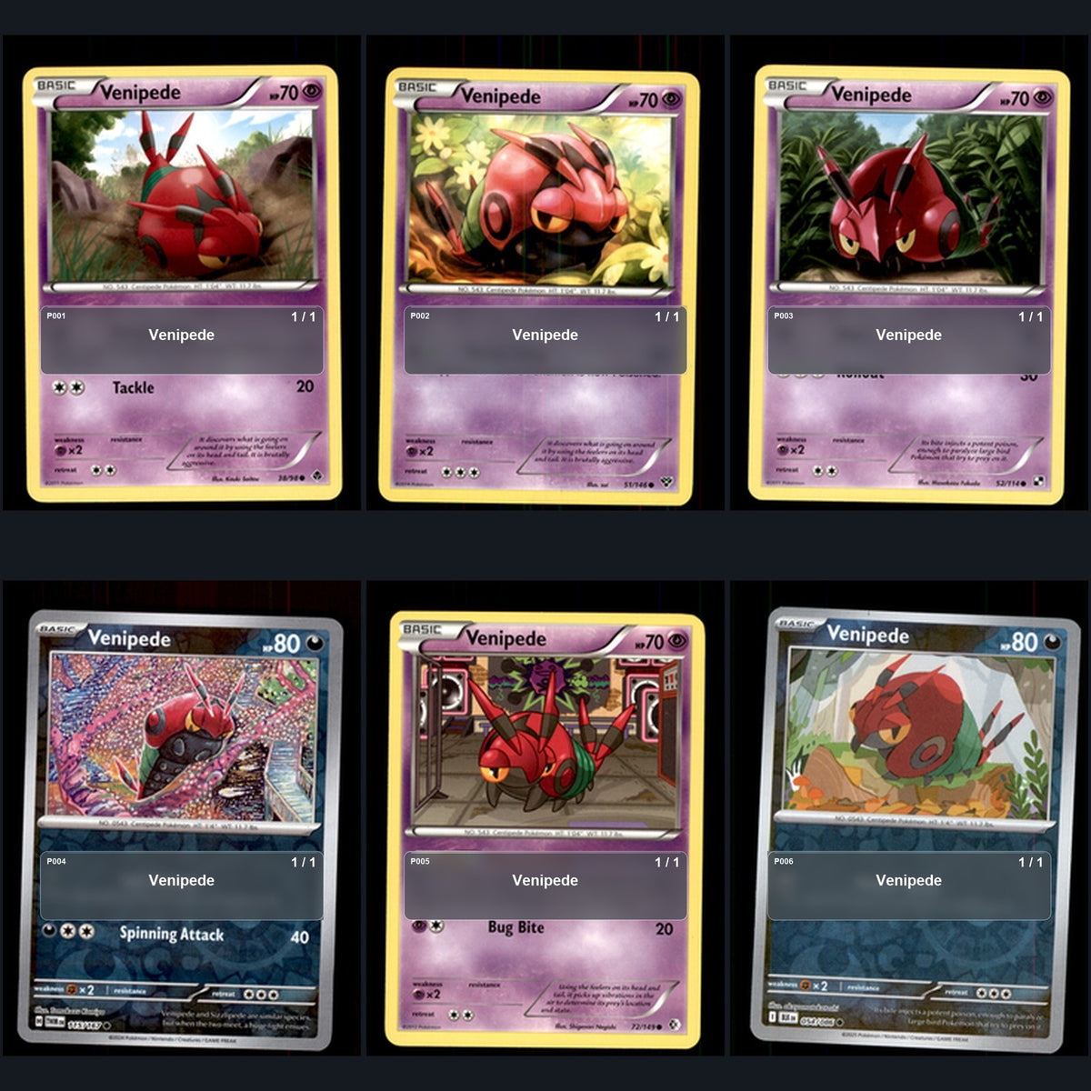 Pokemon TCG Venipede Species Collection 6 Different Cards