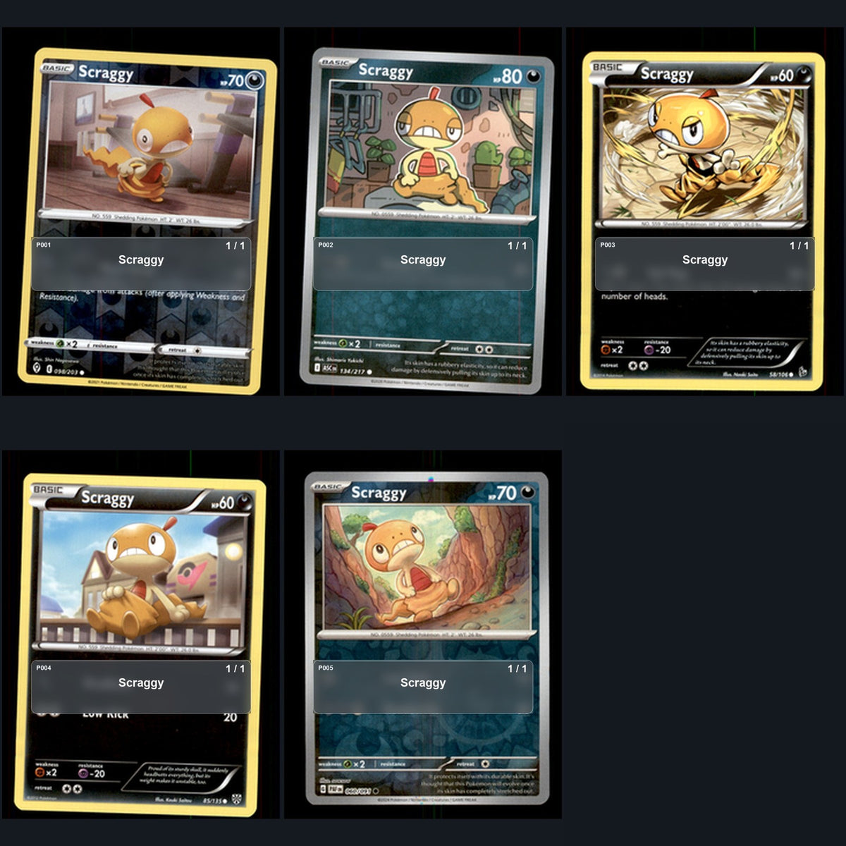 Pokemon TCG Scraggy Species Collection 5 Different Cards