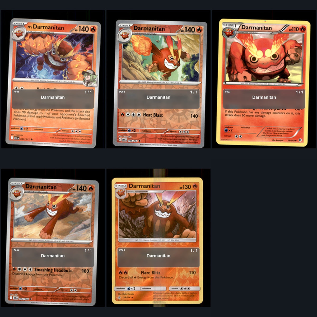 Pokemon TCG Darmanitan Species Collection 5 Different Cards