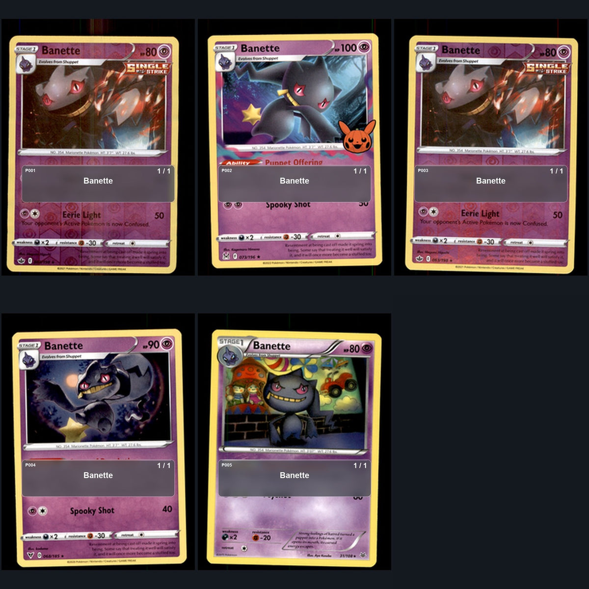 Pokemon TCG Banette Species Collection 5 Different Cards