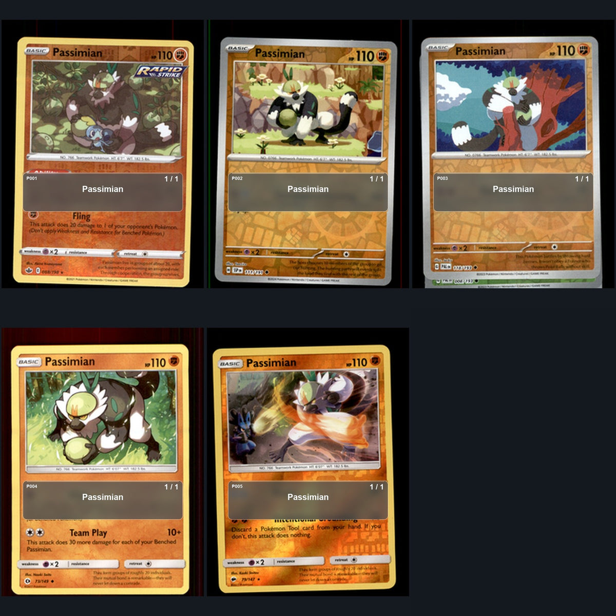Pokemon TCG Passimian Species Collection 5 Different Cards