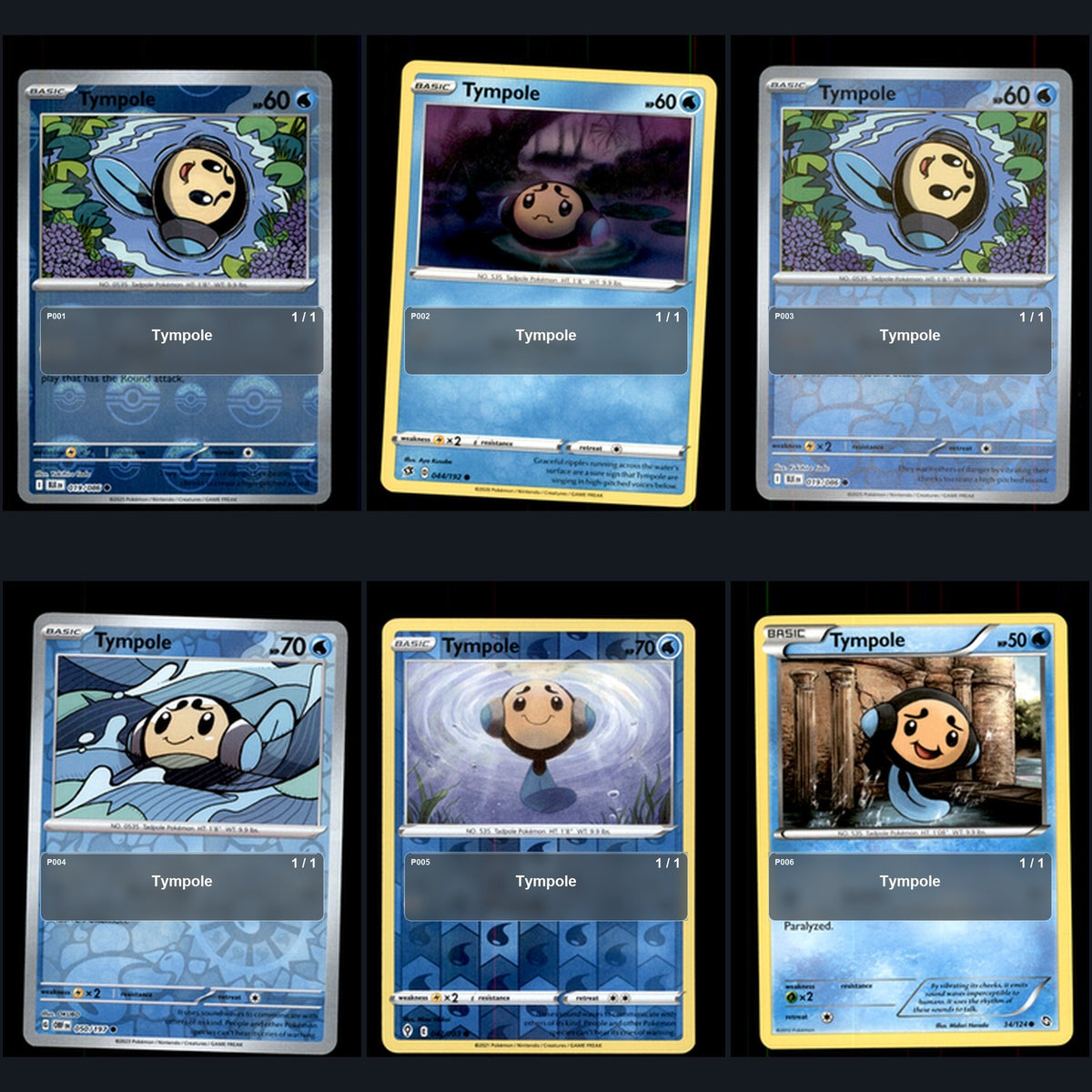 Pokemon TCG Tympole Species Collection 6 Different Cards
