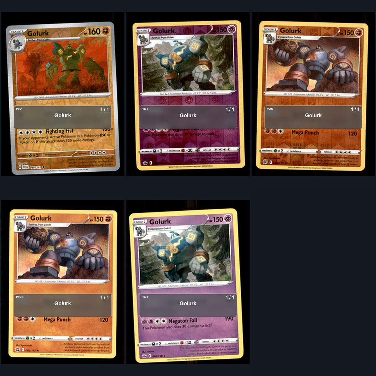 Pokemon TCG Golurk Species Collection 5 Different Cards