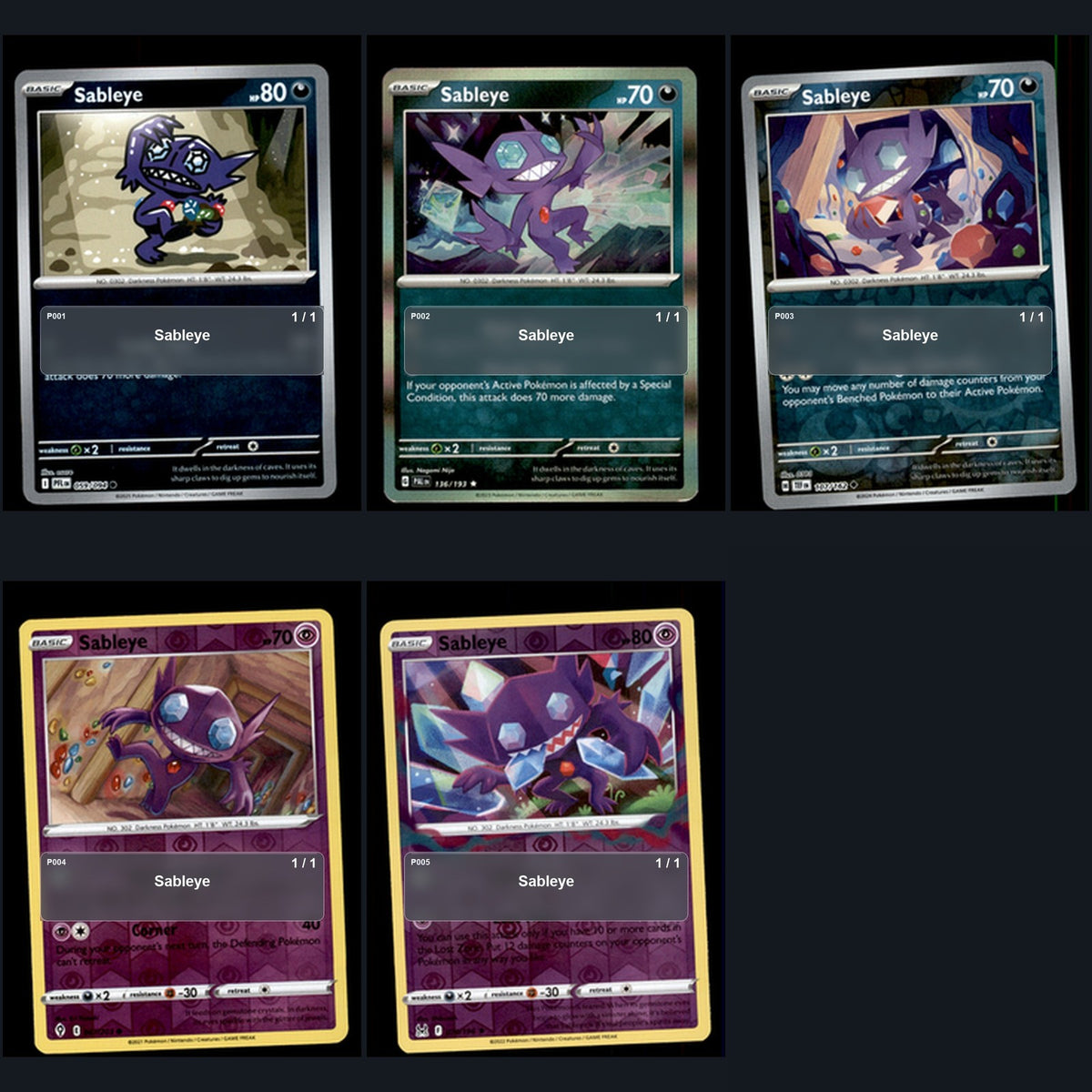 Pokemon TCG Sableye Species Collection 5 Different Cards
