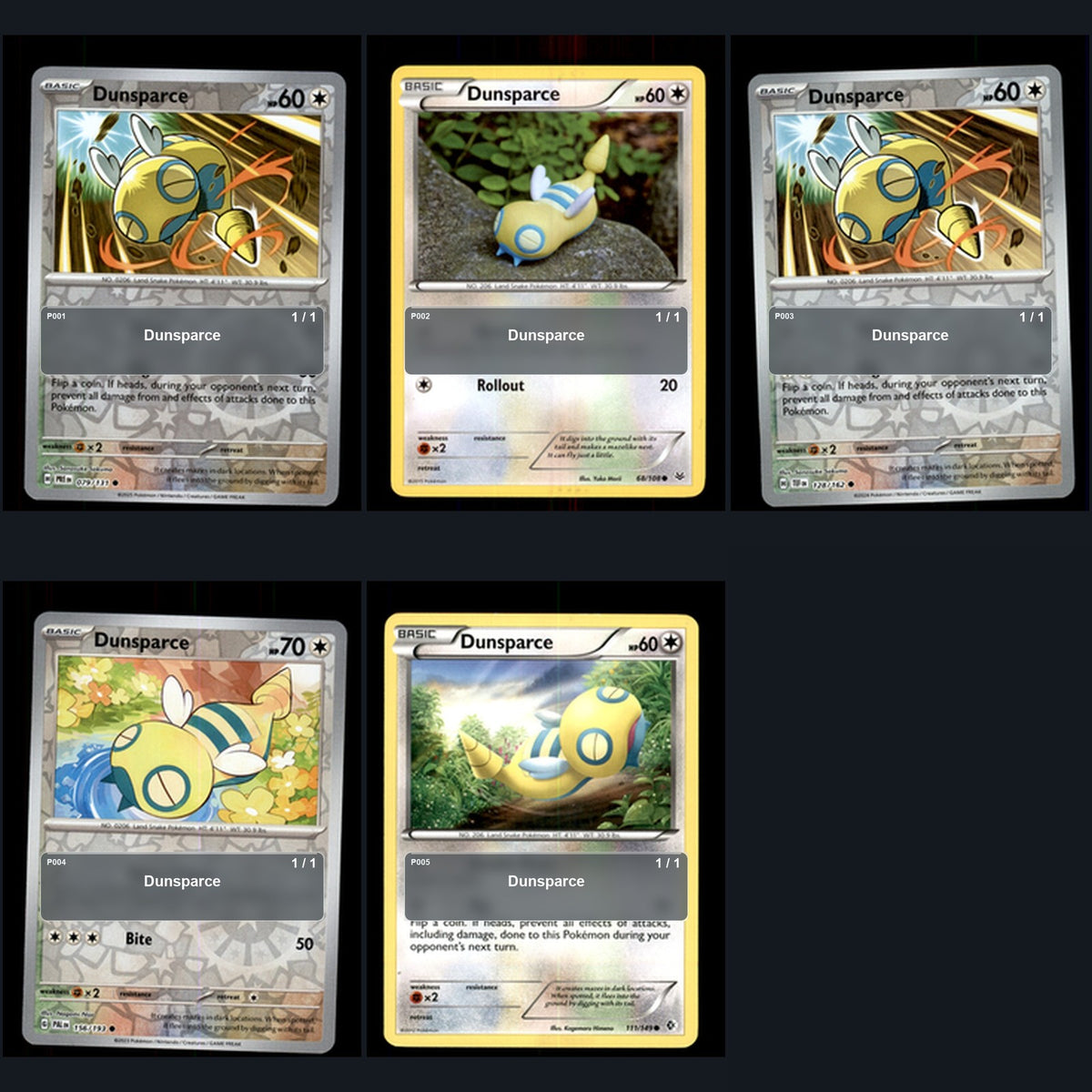 Pokemon TCG Dunsparce Species Collection 5 Different Cards