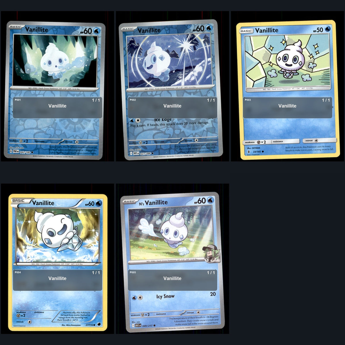Pokemon TCG Vanillite Species Collection 5 Different Cards