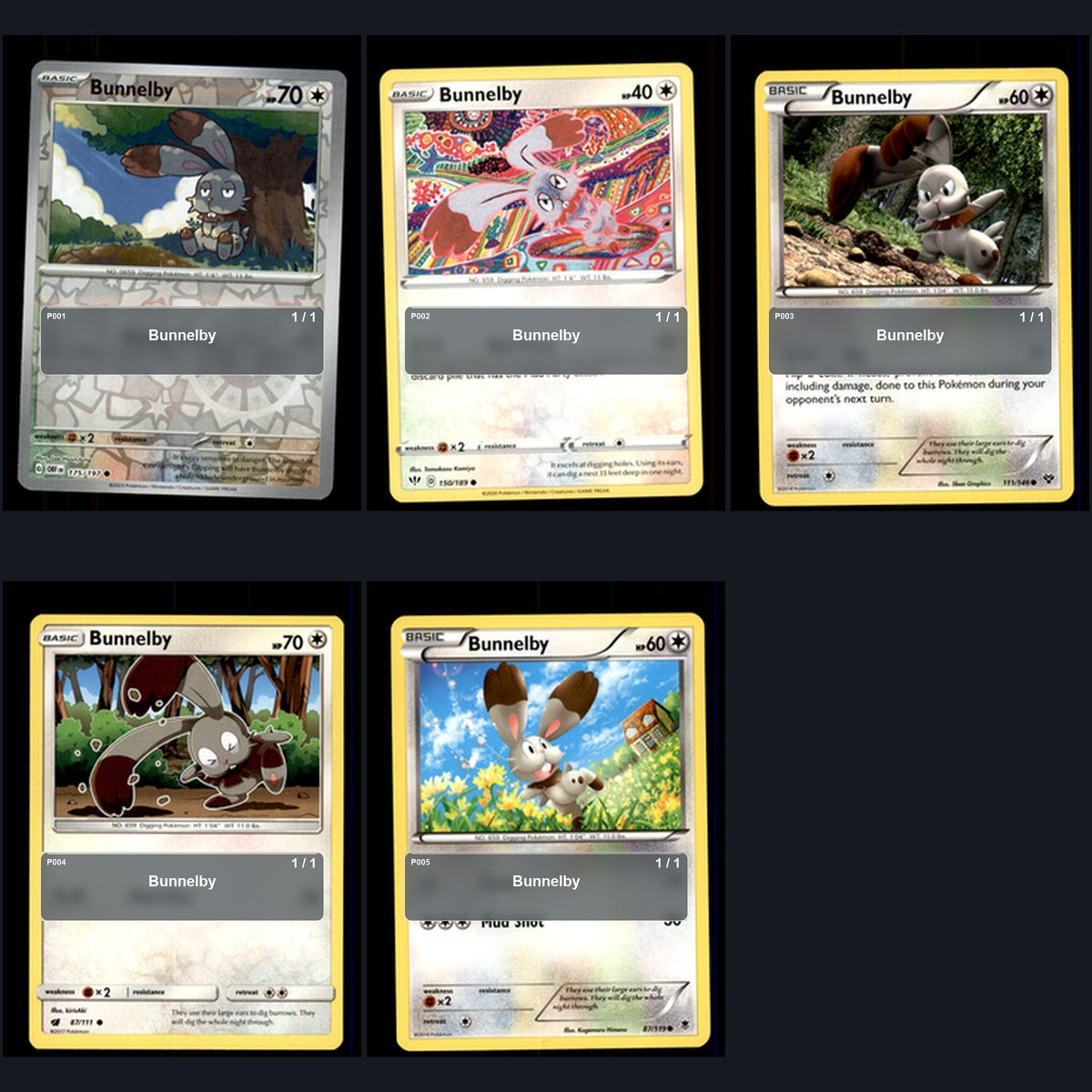 Pokemon TCG Bunnelby Species Collection 5 Different Cards