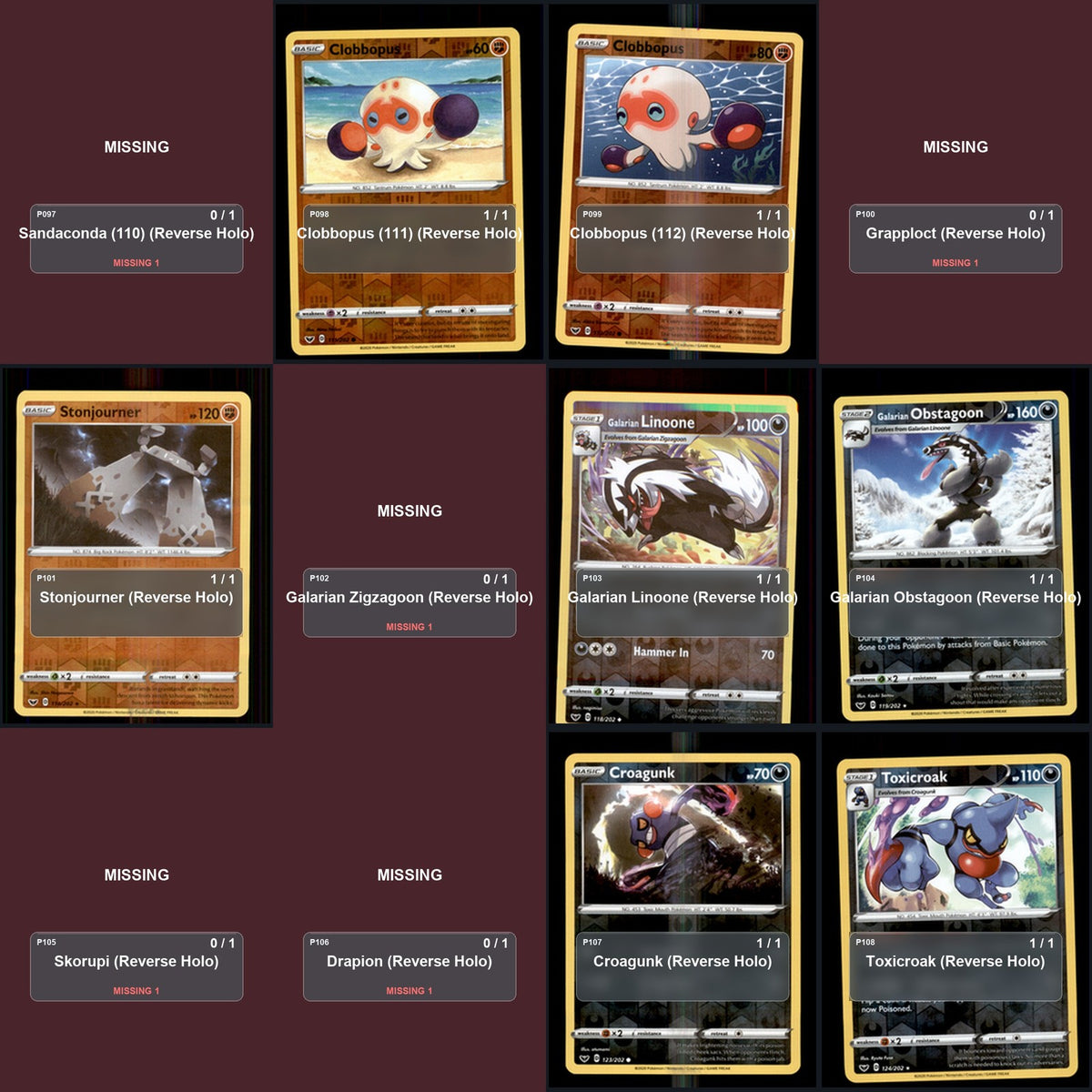 Pokemon TCG SWSH01: Sword & Shield Base Set Reverse Holo Master Set 57 Reverse