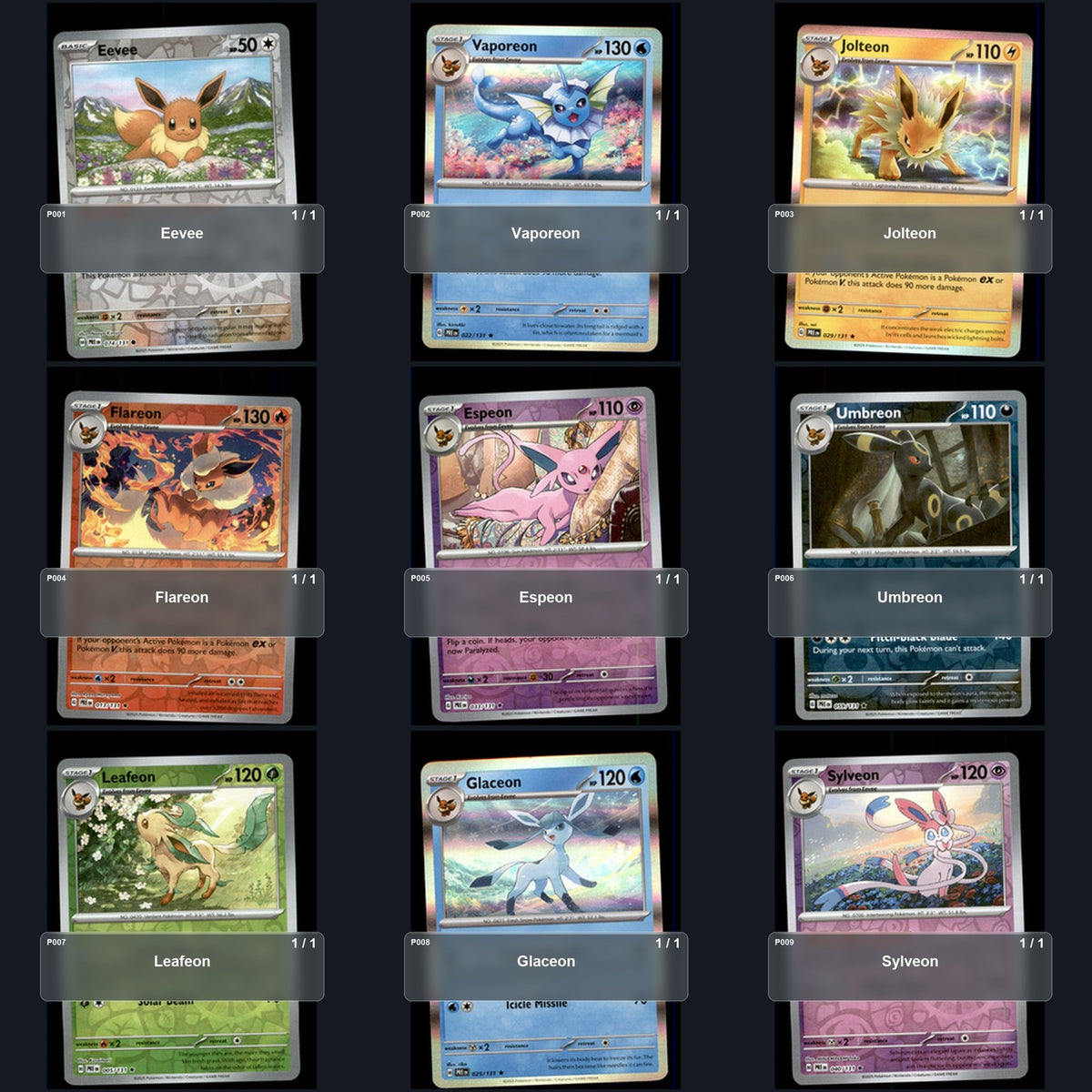 Pokemon TCG Eeveelutions Evolution Set 9 Cards Collection