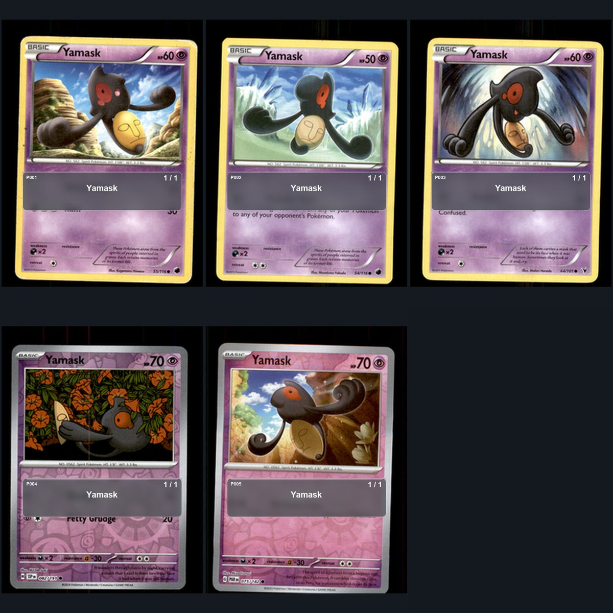 Pokemon TCG Yamask Species Collection 5 Different Cards