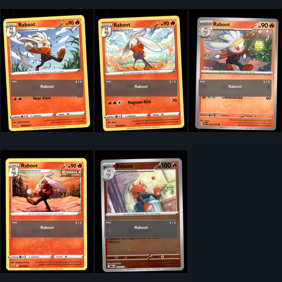Pokemon TCG Raboot Species Collection 5 Different Cards