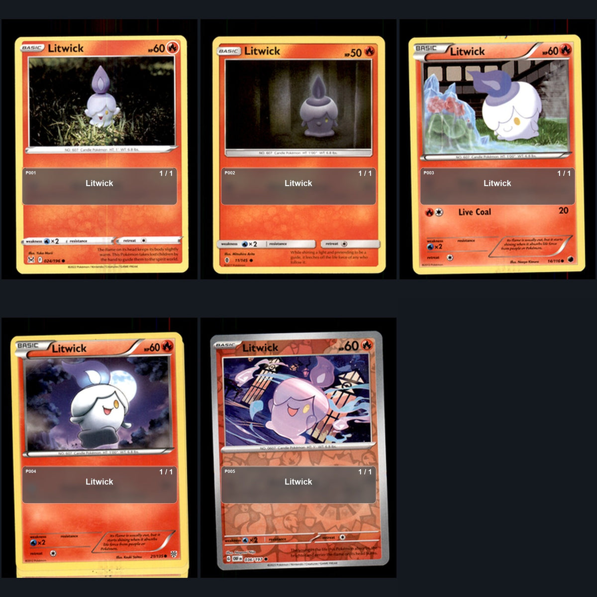 Pokemon TCG Litwick Species Collection 5 Different Cards