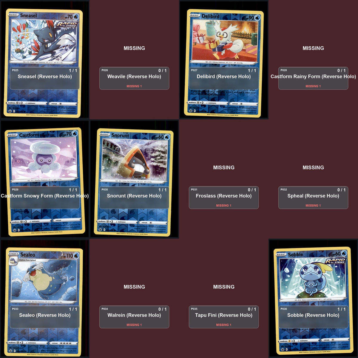 Pokemon TCG SWSH06: Chilling Reign Reverse Holo Master Set 102 Reverse Holo Card