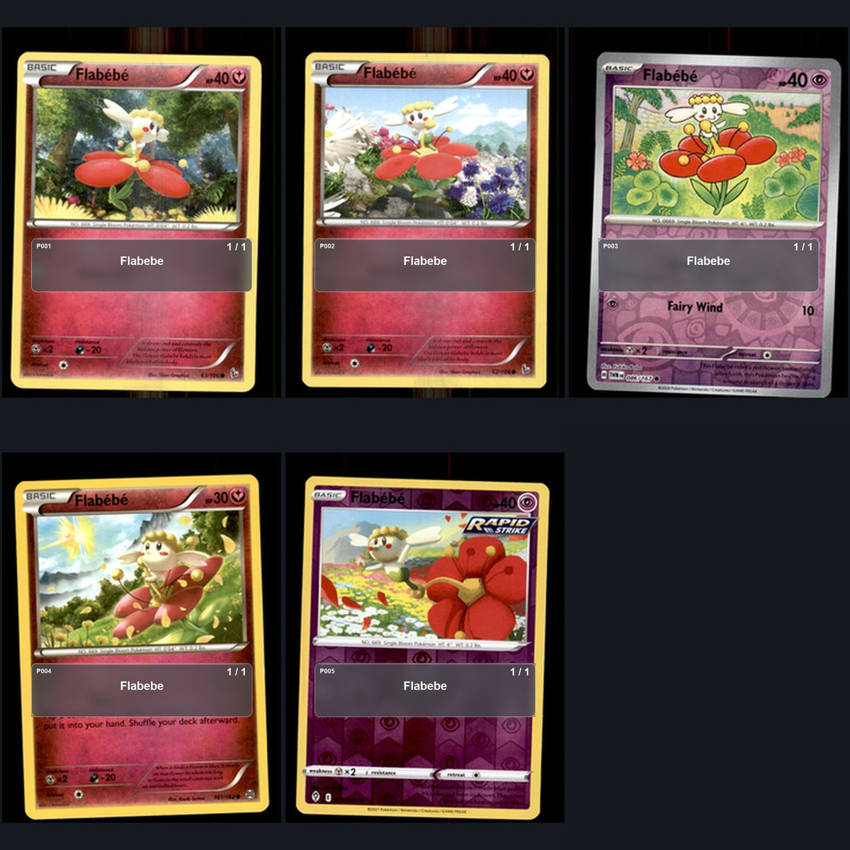 Pokemon TCG Flabebe Species Collection 5 Different Cards