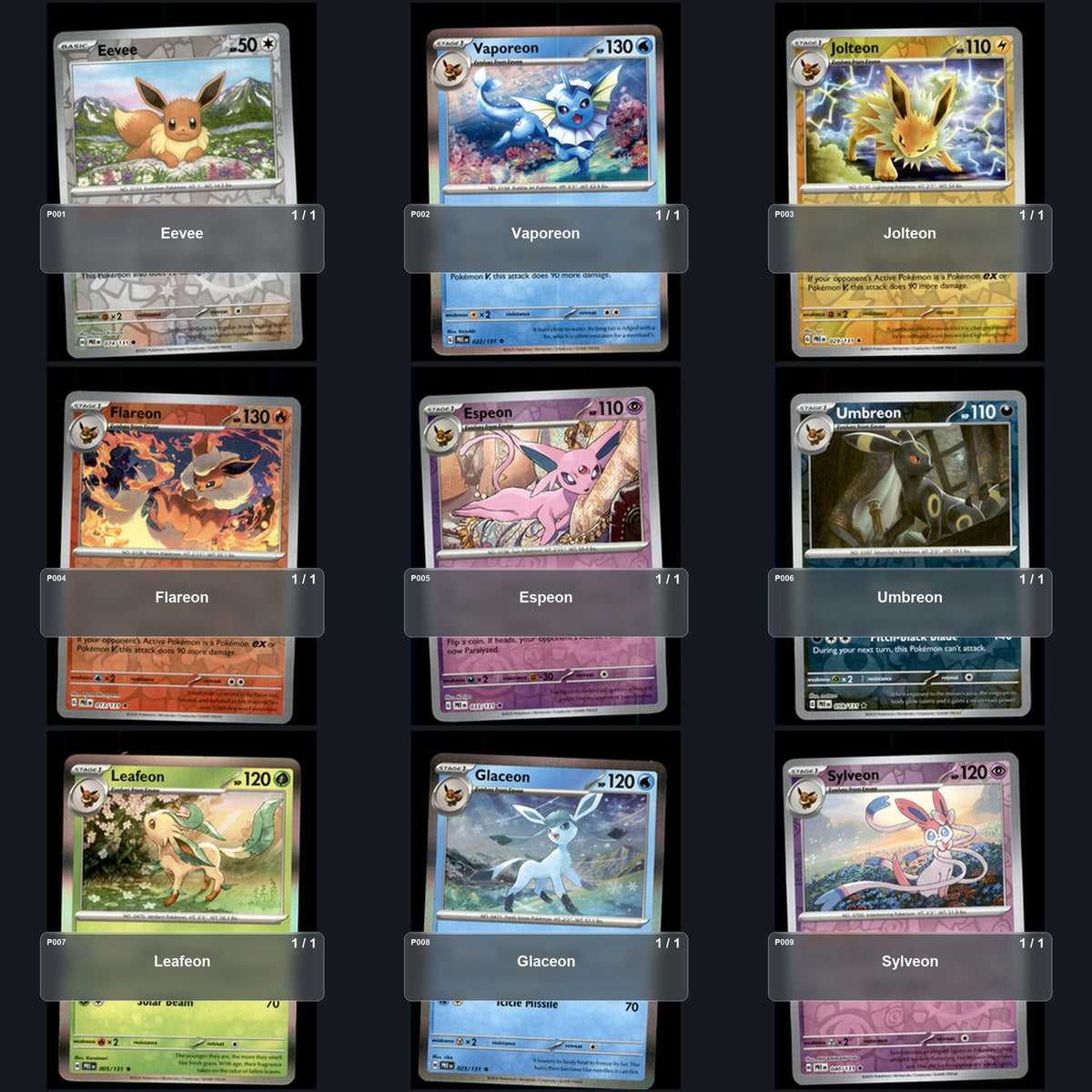 Pokemon TCG Eeveelutions Evolution Set 9 Cards Collection