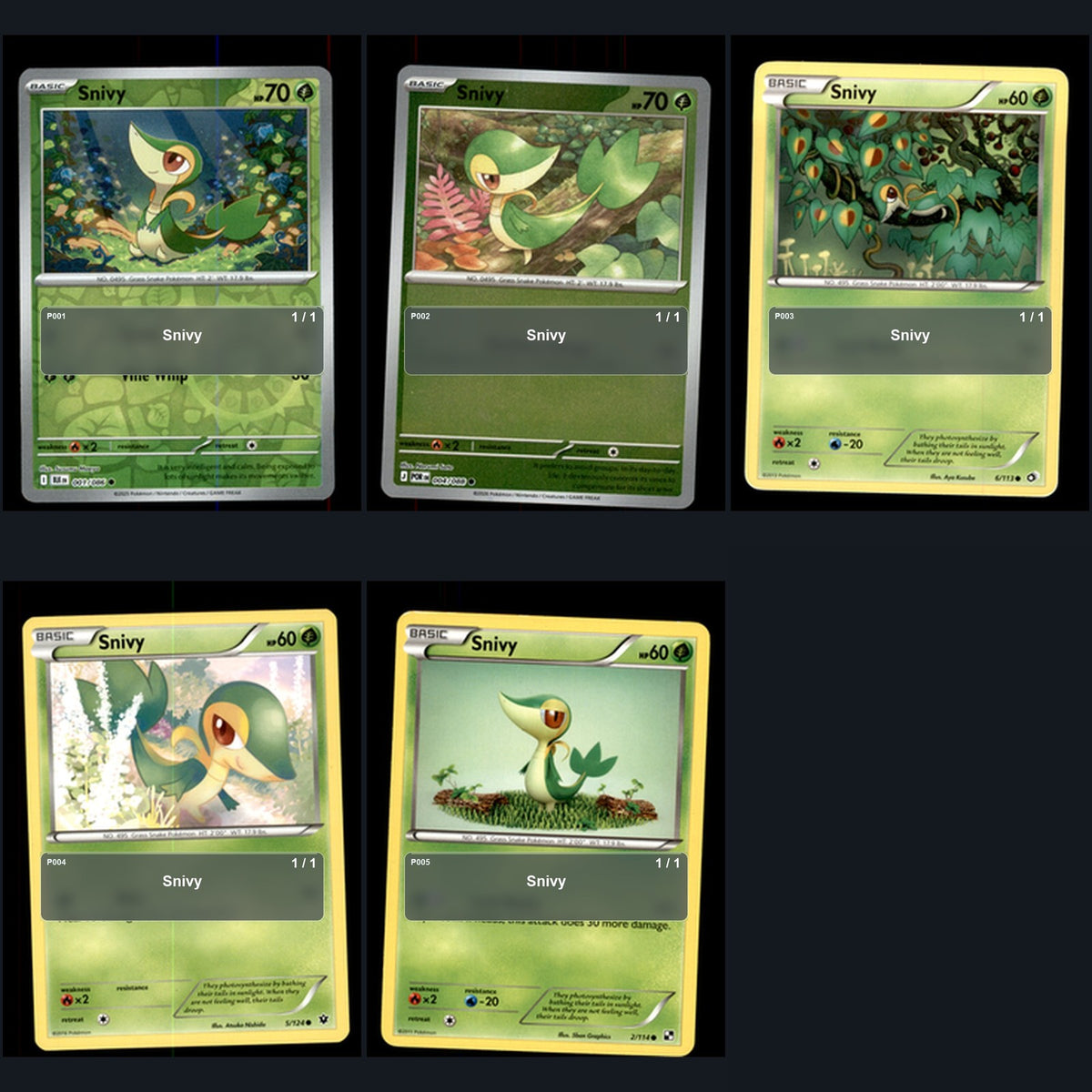 Pokemon TCG Snivy Species Collection 5 Different Cards