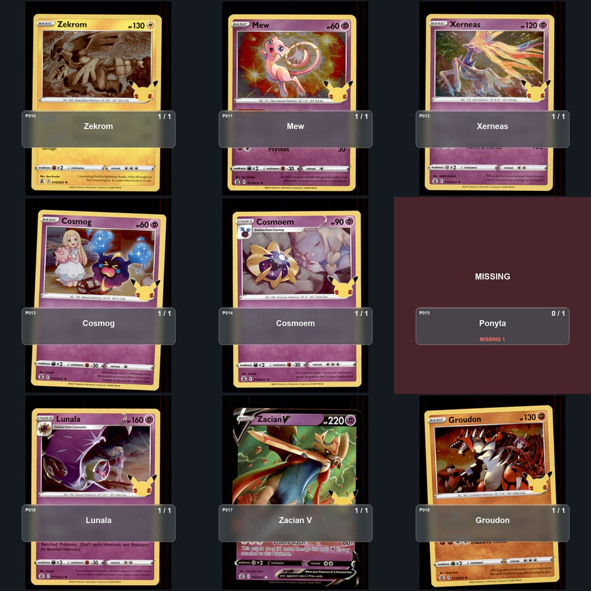 Pokemon TCG Celebrations Partial Master Set Lot 19 Cards Master Set Collection