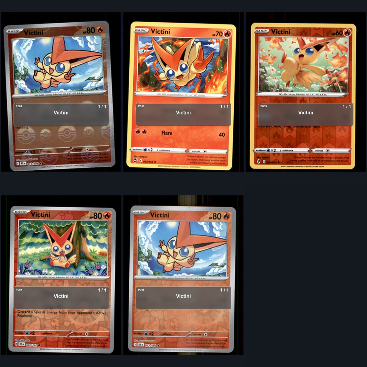 Pokemon TCG Victini Species Collection 5 Different Cards