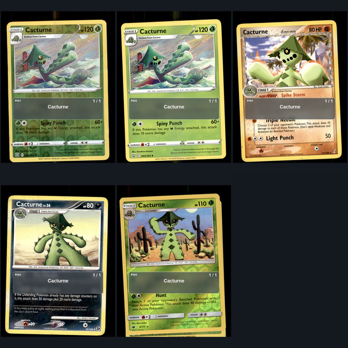 Pokemon TCG Cacturne Species Collection 5 Different Cards