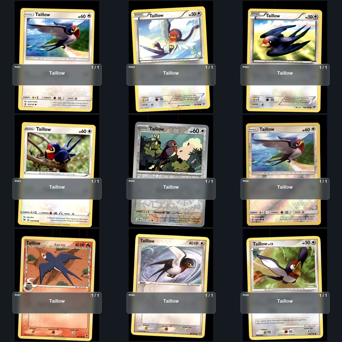 Pokemon TCG Taillow Species Collection 9 Different Cards