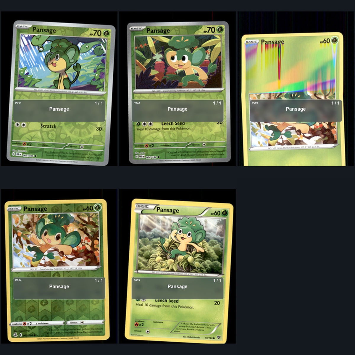 Pokemon TCG Pansage Species Collection 5 Different Cards