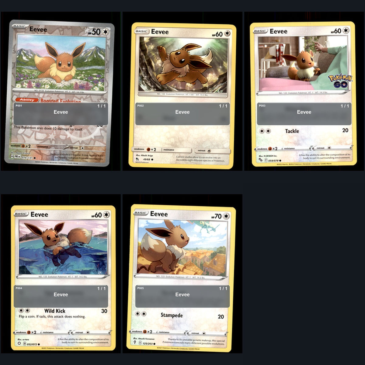 Pokemon TCG Eevee Species Collection 5 Different Cards