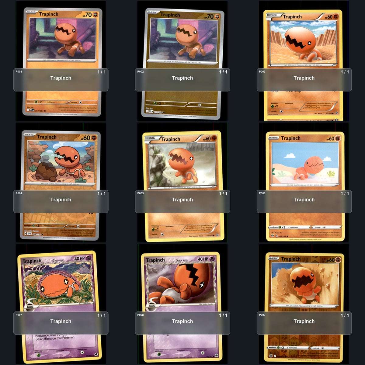 Pokemon TCG Trapinch Species Collection 9 Different Cards