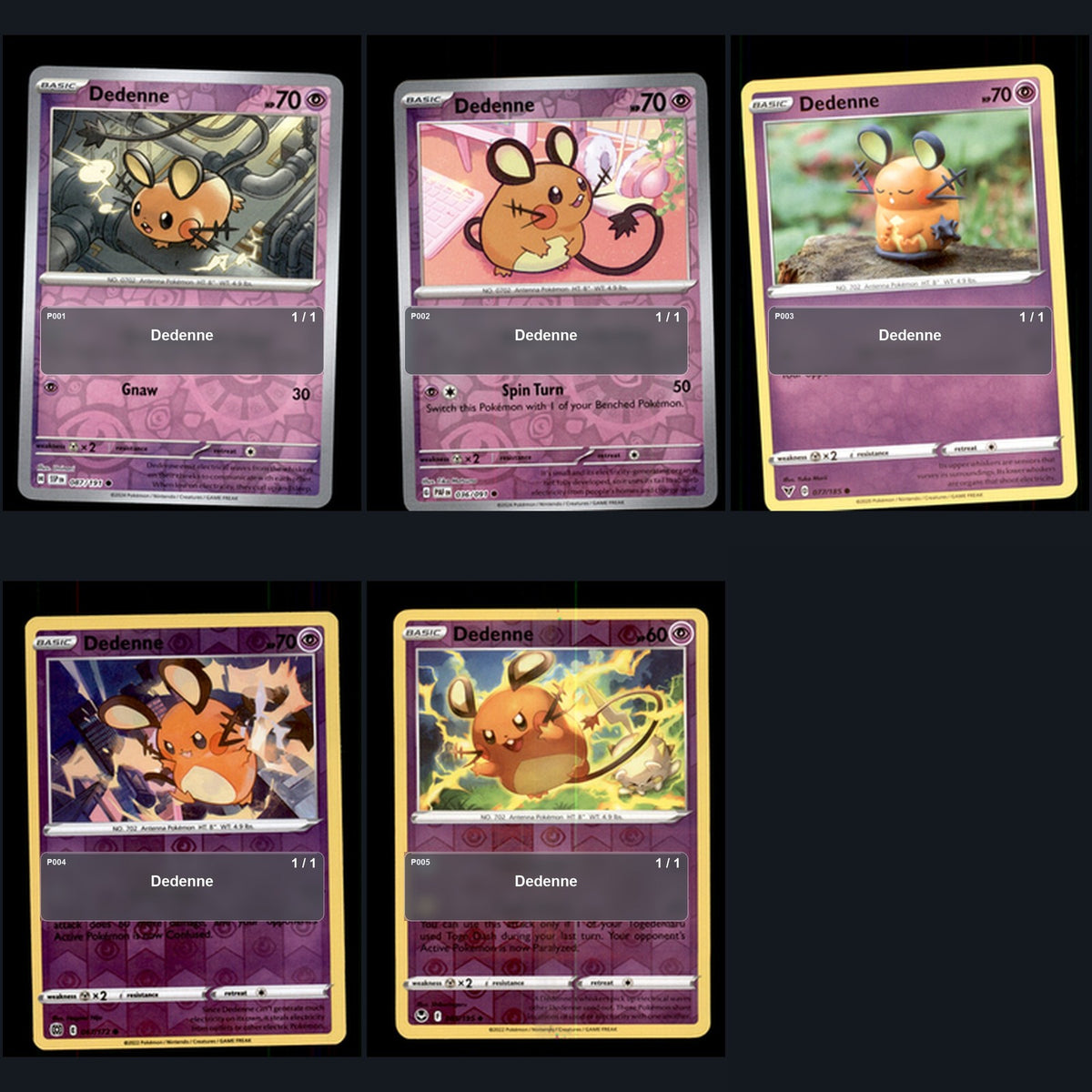 Pokemon TCG Dedenne Species Collection 5 Different Cards