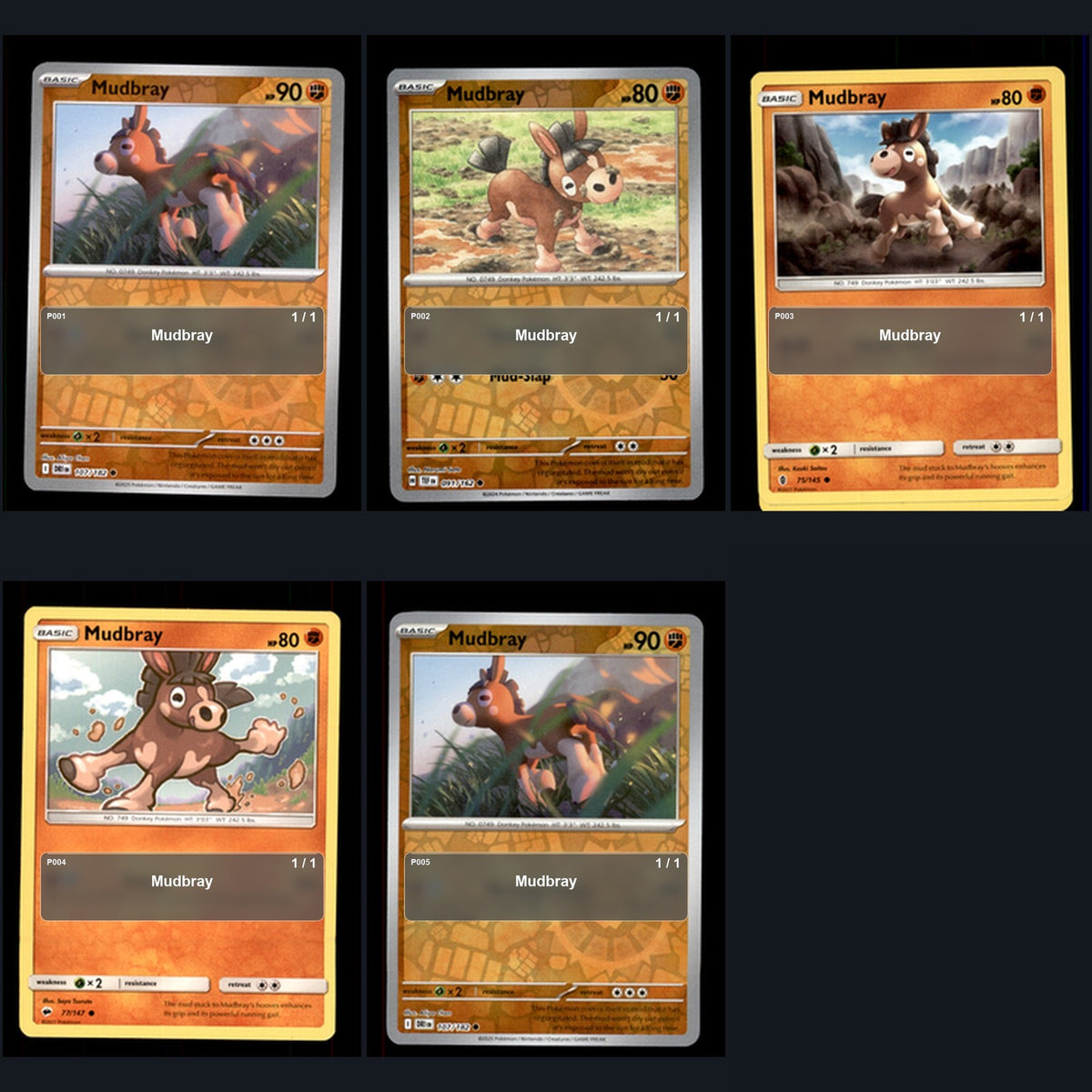 Pokemon TCG Mudbray Species Collection 5 Different Cards