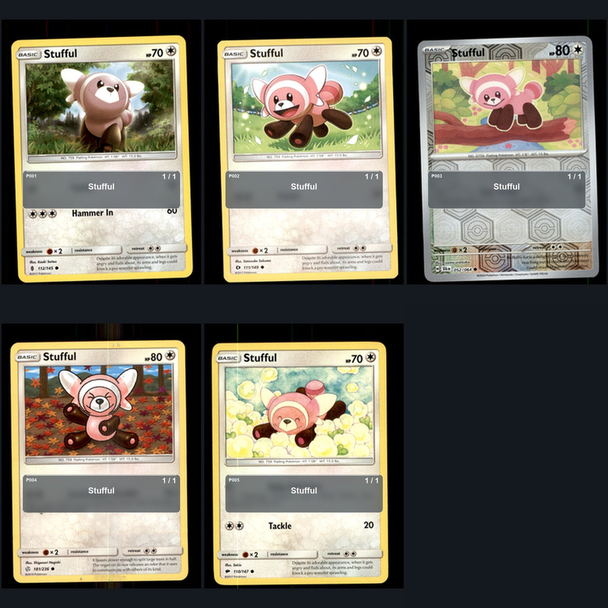 Pokemon TCG Stufful Species Collection 5 Different Cards
