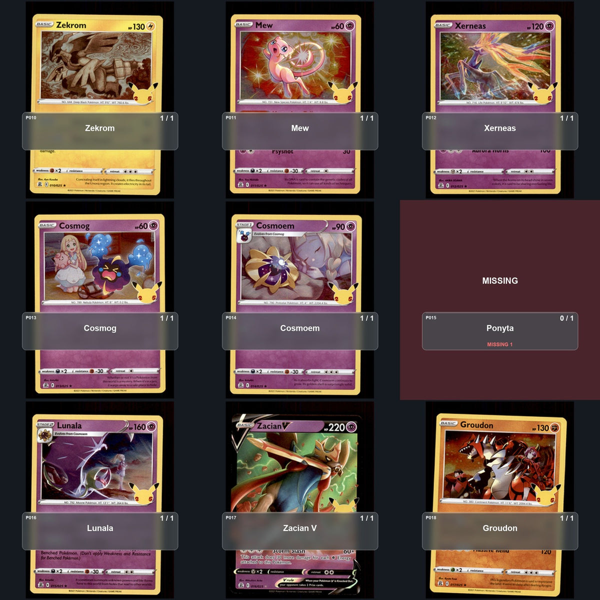 Pokemon TCG Celebrations Partial Master Set Lot 18 Cards Master Set Collection