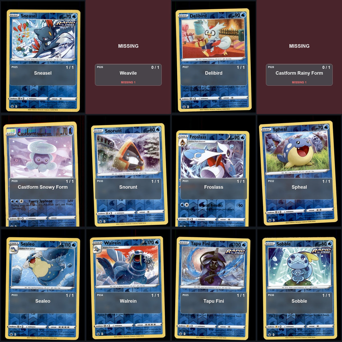 Pokemon TCG SWSH06: Chilling Reign Reverse Holo Master Set 125 Reverse Holo Card