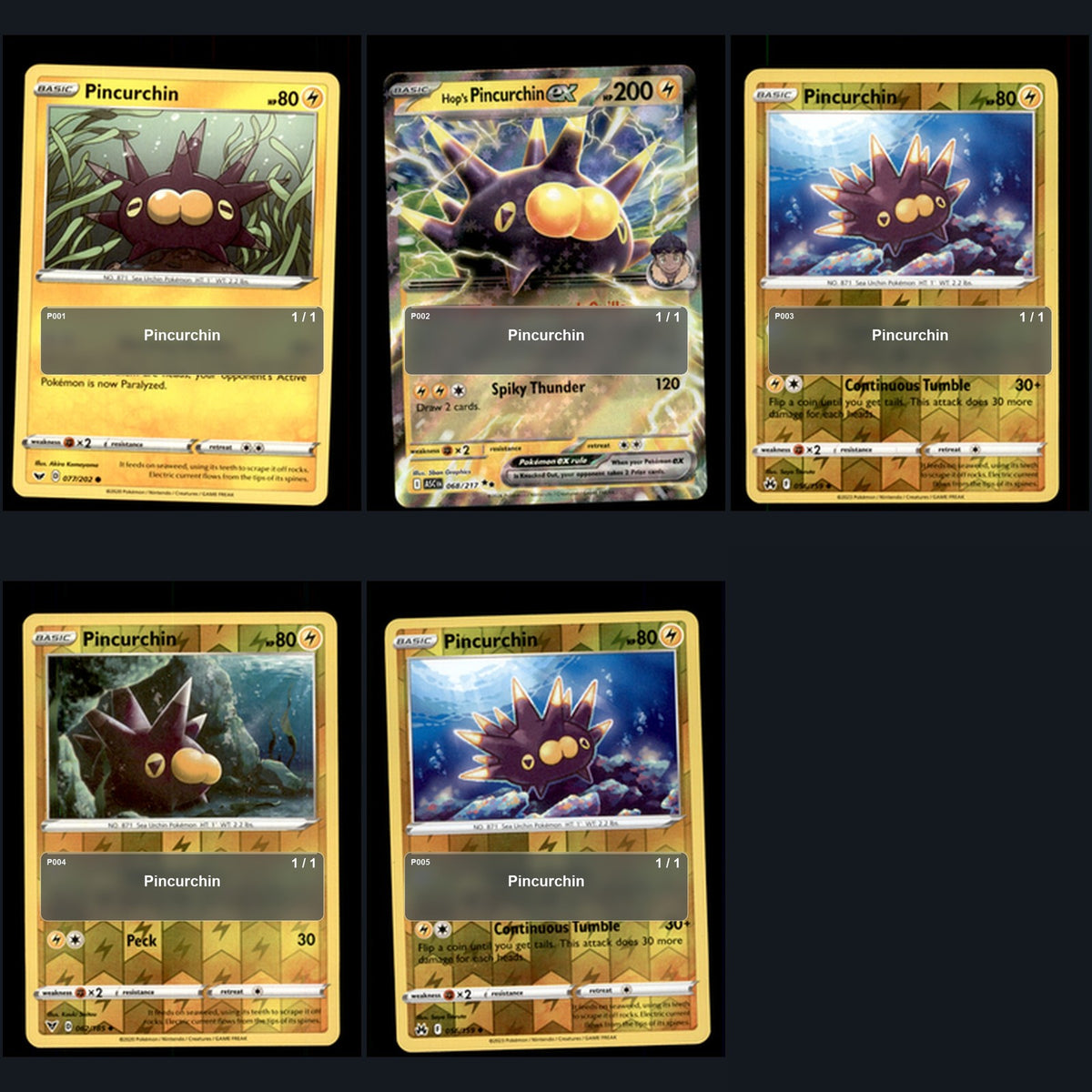Pokemon TCG Pincurchin Species Collection 5 Different Cards