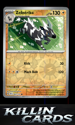 Reverse Holofoil Zebstrika 063/191 Pokemon Common SV08: Surging Sparks Card NM