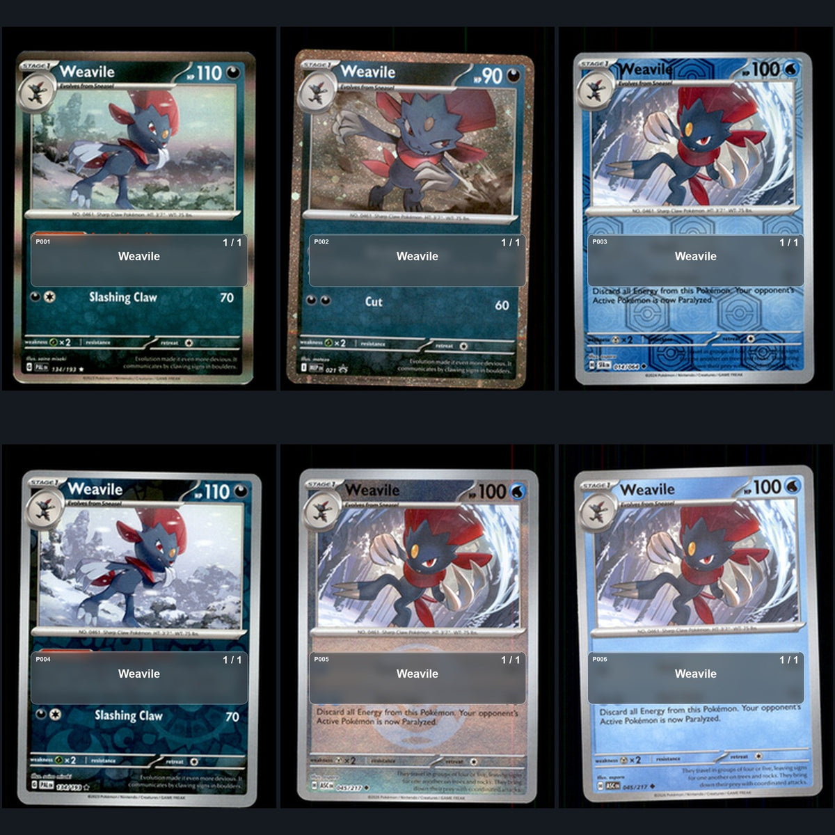 Pokemon TCG Weavile Species Collection 6 Different Cards