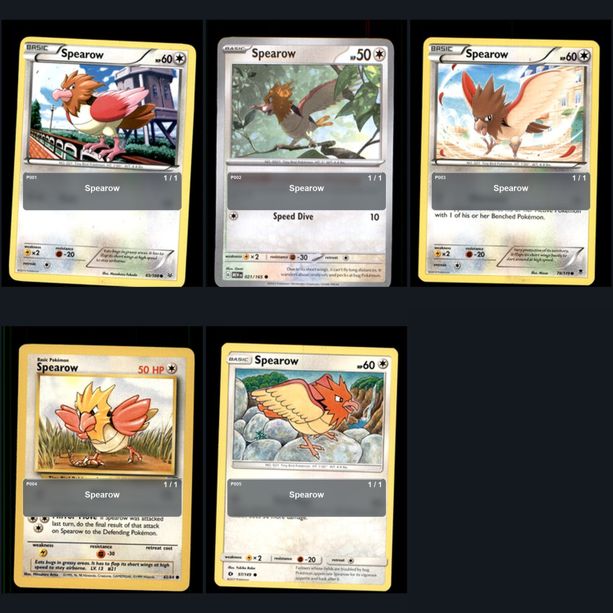Pokemon TCG Spearow Species Collection 5 Different Cards