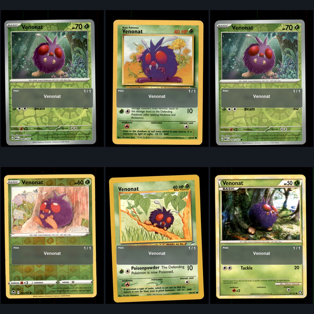 Pokemon TCG Venonat Species Collection 6 Different Cards