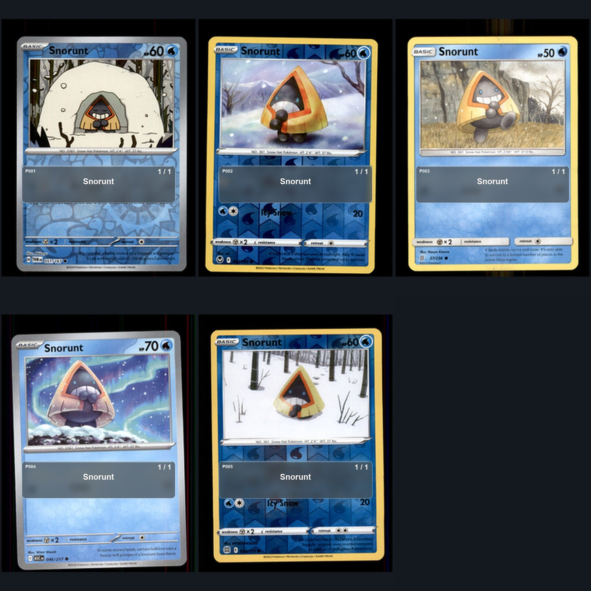 Pokemon TCG Snorunt Species Collection 5 Different Cards