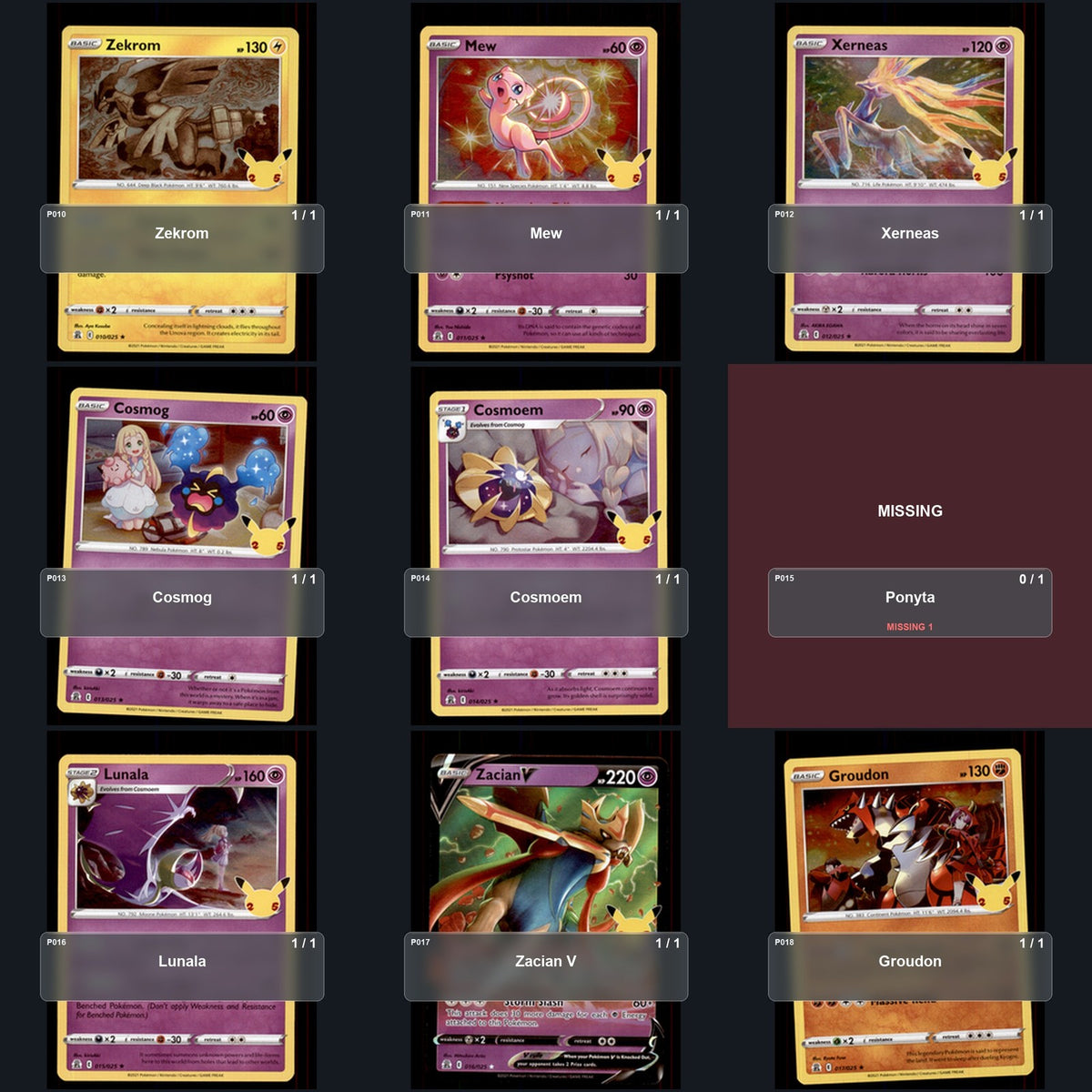 Pokemon TCG Celebrations Partial Master Set Lot 18 Cards Master Set Collection