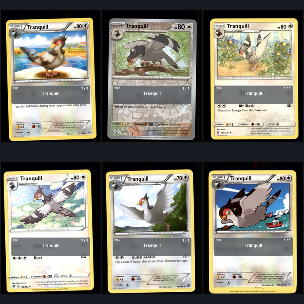 Pokemon TCG Tranquill Species Collection 6 Different Cards