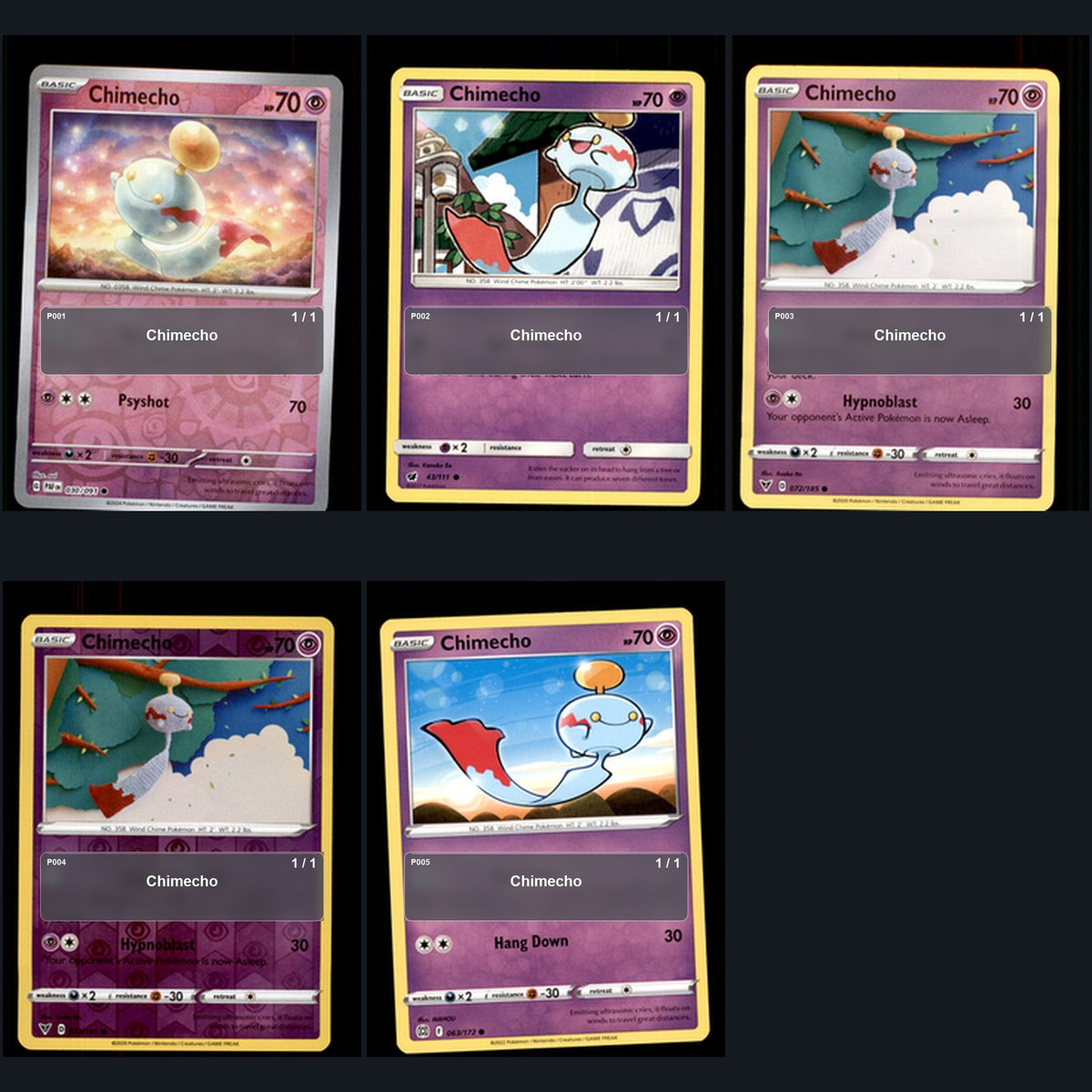 Pokemon TCG Chimecho Species Collection 5 Different Cards