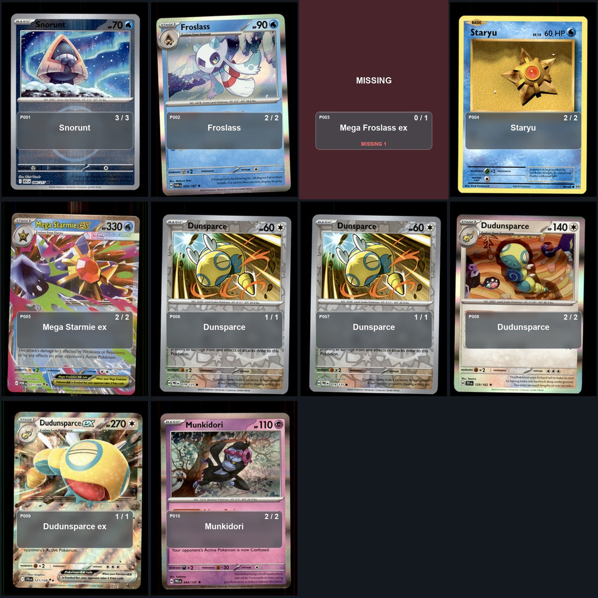 Partial Pokemon TCG Special Event Turin Starmie Froslass Decklist 58 Cards Deck