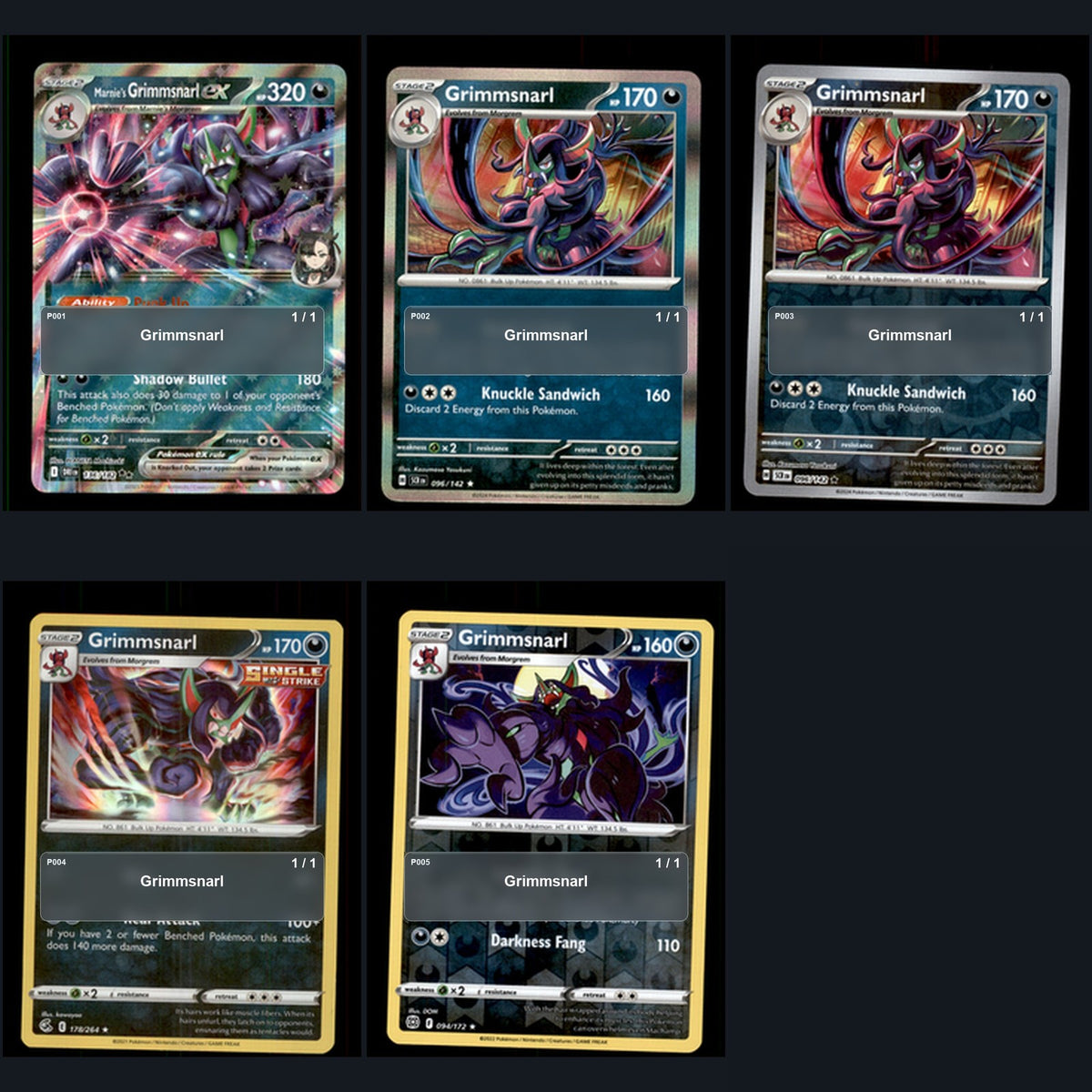 Pokemon TCG Grimmsnarl Species Collection 5 Different Cards