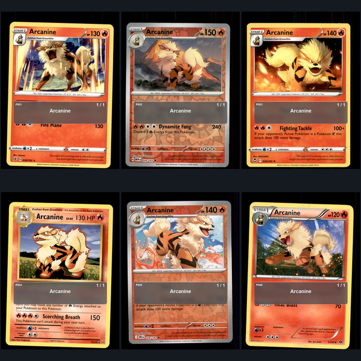 Pokemon TCG Arcanine Species Collection 6 Different Cards