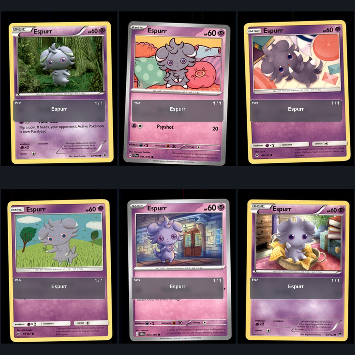 Pokemon TCG Espurr Species Collection 6 Different Cards