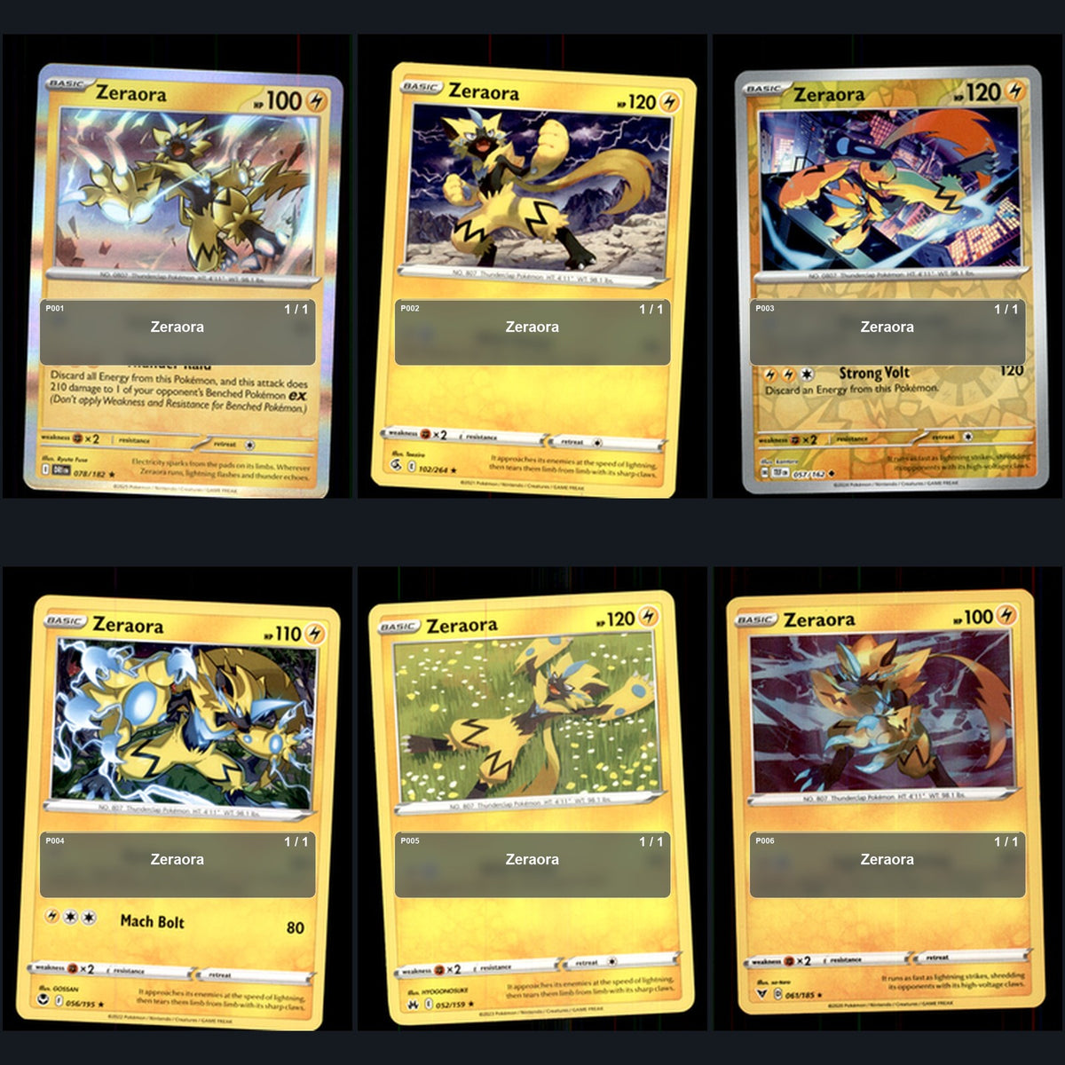 Pokemon TCG Zeraora Species Collection 6 Different Cards
